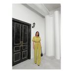 zoezoe Parlak Modal Kumaş Beli lastikli Crop/Palazzo kesim lastikli bağcıklı Pantolon Takım Hijap YAĞ YEŞİLİ M