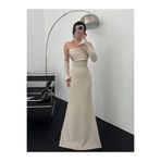 zoezoe SATEN DÜĞMELİ TAKMA KOLLU DRAPELİ STRAPLEZ YAKA UZUN DÜĞÜN DAVET/BALO/MEZUNİYET/NİŞAN ELBİSESİ Bej S