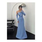 zoezoe SATEN DÜĞMELİ TAKMA KOLLU DRAPELİ STRAPLEZ YAKA UZUN DÜĞÜN DAVET/BALO/MEZUNİYET/NİŞAN ELBİSESİ Mavi M