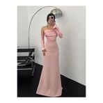 zoezoe SATEN DÜĞMELİ TAKMA KOLLU DRAPELİ STRAPLEZ YAKA UZUN DÜĞÜN DAVET/BALO/MEZUNİYET/NİŞAN ELBİSESİ Pembe S
