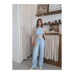 zoezoe YAKASI BAĞLAMALI CROP BELİ LASTİKLİ PANTOLON İKİLİ TAKIM Mavi S