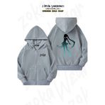 ZOKAWEAR Oversize Hatsune Miku V4 Shadow Sırt Baskılı Fermuarlı Kapşonlu Gri Hırka (2 İplik)