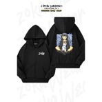 ZOKAWEAR Oversize Japon Çizim Genç Kız Ve Evcil Kedisi Sırt Baskılı Fermuarlı Kapşonlu Siyah Hırka (2 İplik)