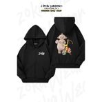 ZOKAWEAR Oversize Makka Pakka Sırt Baskılı Fermuarlı Kapşonlu Siyah Hırka (2 İplik)