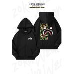 ZOKAWEAR Oversize Soldier Bape Shark Sırt Baskılı Fermuarlı Kapşonlu Siyah Hırka (2 İplik)