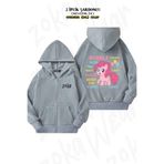 ZOKAWEAR Oversize The Many Words Of Pinkie Pie Mlp Sırt Baskılı Fermuarlı Kapşonlu Gri Hırka (2 İplik)