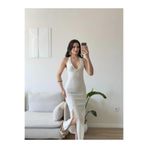 Zoom Butik Boyun Bağlamalı Keten Yırtmaçlı Elbise - BEYAZ