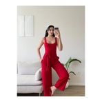 Zoom Butik Kuşaklı Ön Arka Kare Tulum - KIRMIZI