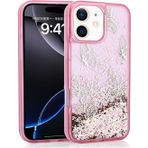 Zore İphone 12 Kılıf Sıvılı Simli Kelebek Baskılı Şeffaf Arka Yüzey Zore Glis Silikon Kapak - Pembe