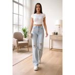 ZÉRIA Kadın Julia Yırtık Salaş Likralı Palazzo Jean Pantolon Yüksek Bel Geniş Paça Modern Rahat Kesim Kadın Denim