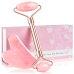 ZS ZESHIN Jade Roller & GuaSha Set-Yüz Güzellik Merdane Cilt Bakım Araçları, Yüz, Gözler, Boyun, Vücut Kırışıklıkları Gidermek için Gül Kuvars Masajı, İnce Çizgi ve Göz Kırışıklıkları Gidermek İçin