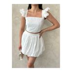 ZTO KADIN BELİ LASTİKLİ KISA BRODE KUMAS BALON ETEK CROP TAKIM