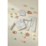 Zubi Baby & Kids Wear Gri Ayıcık Baskılı 3'lü Bebek Takımı (Hırka, Pantolon ve Şapka) - 0 - 3 Ay
