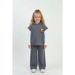 Zubi Baby & Kids Wear Kız Çocuk Üç Parça Kapüşonlu Örme Yelekli Bluz ve Pantolon Takımı (7-10 Yaş) - Gri - 8 Yaş