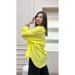 Zulu Kadın Oversize Keten Gömlek, Uzun Kollu, Sarı, Standart Beden