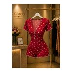 Zumoo Kalp Desenli Kadın Tulum Pijama Düğmeli Şort Tulum Ev Giyim Rahat Şık Kırmızı L/XL
