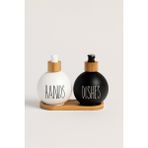 Zürih Collection 2'li Cam Sıvı Sabunluk Bambu Stant-Italyan Dizayn Sabunluk- Oval Ikili Sıvı Sabunluk - Siyah - Beyaz - 450ML