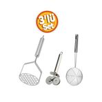 ZUZU MADE Paslanmaz Çelik Kızartma Yağ Kevgiri - 26 Cm Patates Ezici - Çiftli Pizza Hamur Kesici Rulet