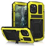 ZXHYliang iPhone 12 için Kickstandlı Mini Kılıf, [360 Tam Gövde] [Ağır Hizmet Koruması] Dahili Cam Ekran Koruyuculu Sağlam Darbeye Dayanıklı Toz Geçirmez Metal + Silikon Kılıf. (Sarı)
