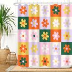 ZXMBF Retro Çiçek Damalı Duş Perdesi Estetik Çiçekli Funky Renkli Orta Yüzyıl Modern Groovy Hippi Boho Ev Banyo Dekoru Su Geçirmez Kumaş 172 U x 160 G İnç Plastik 12 Parça Kanca