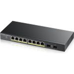 Zyxel 8-Port 10/100/1000 Gigabit PoE Switch | Smartmanaged | Masaüstü / Duvar Tipi ve Fansız | 8 PoE + bağlantı noktası | 77 Watt | 2 SFP Bağlantı Noktası | VLAN, IGMP, QoS [GS1900-10HP]