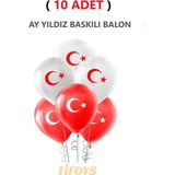 ( 10 Adet ) Ay Yıldız Baskılı Lateks Balon Kırmızı Beyaz