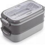 ® 2 Katlı Yemek Taşıma Kabı - Kaşık Çatal Setli Katı Gıda Için Çift Katlı Bento Beslenme Kutusu, Ofis Okul Piknik Kilitli Saklama Kabı (Gri)
