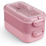 ® 2 Katlı Yemek Taşıma Kabı - Kaşık Çatal Setli Katı Gıda Için Çift Katlı Bento Beslenme Kutusu, Ofis Okul Piknik Kilitli Saklama Kabı (Pembe) - Çok Renkli