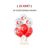 ( 25 Adet ) Ay Yıldız Baskılı Lateks Balon Kırmızı Beyaz
