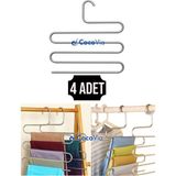 ( 4 Adet ) Pratik 5 Katlı Pantolon Askısı-Pantolon Eşarp Şal Giysi Askısı-Dolap Içi Düzenleyici Askı - Krom