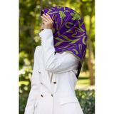 % 57 İpek % 43 Viskon Twill İpek Büyük Çiçek Desenli Mor - Haki Renkli 90X90 Eşarp Dikim Şekli : El Dikişi