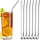 ® 7'li Paslanmaz Çelik Kaşıklı Metal Pipet Seti 6 Adet Pipet ve Pipet Temizleme Fırçası Cam Pipet - Ahşap - Beyaz