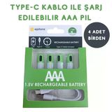 -C İle Şarjolabilen 4 Adet Aaa 1.5V Lityum Şarjlı Kalem Pil 750 Mah Uzun Ömürlü