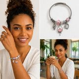 💎 Premium Gümüş Renk Pembe Çiçek Ve Deniz Kabuğu Charm Detaylı 316L Çelik Kelepçe Bileklik (20Cm)