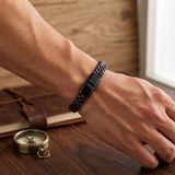 ? Premium Lacivert Deri Burma Örgü 316L Çelik Halat Bileklik 31834B1d3-4 (21 Cm Uzunluk)