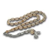 💎 Premium Parlak Eskitmeli Metal Püsküllü Şeffaf Sıkma Kehribar Tesbih