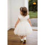0-24 Ay Gofre Tül Etekli Kız Bebek Çocuk Abiye Bayramlık Elbise Saç Bandı Set Ekru 1007 - 9 - 12 Ay