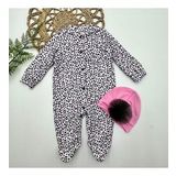 0-3-6-9 Ay Leopar Baskılı Tam Boy Çıtçıtlı Patikli Güllü Boneli Kız Bebek Tulumu