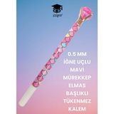 0.5 mm Iğne Uçlu Mavi Mürekkep Elmas Başlıklı Tükenmez Kalem Pembe Tek Ebat