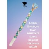 0.5 mm Iğne Uçlu Mavi Mürekkep Elmas Başlıklı Tükenmez Kalem Yeşil Tek Ebat