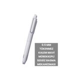 0.5 mm Tükenmez Kalem Mavi Mürekkepli Sessiz Basma Mekanizması Amerikan Markası Writech Üretim - Beyaz