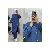 02Lady Fashion Zarif Düğme Detaylı Uzun Tunik Tesettür Kot Alt Üst Takım