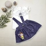 1-2-3 Yaş Bayan Arı Nakışlı Kot Desenli Etek Pamuklu Kumaş 2li Kız Bebek Salopet Takımı Lacivert - 1 Yaş