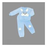 1-2-3 Yaş Kulaklı Tavşan Figürlü Kuzu Kumaş Sweat Pantolon Uzun Kollu Kız Erkek 2 Li Takımı Mavi