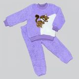 1-2-3 Yaş Masum Yavru Sincap Nakışlı Kuzu Kumaş Sweat Pantolon 2li Kız Erkek Bebek Takımı Lila - 1 Yaş