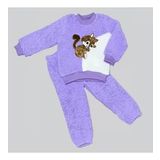 1-2-3 Yaş Masum Yavru Sincap Nakışlı Kuzu Kumaş Sweat Pantolon 2li Kız Erkek Bebek Takımı Lila