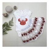 1-2-3 Yaş Payetli Mickey Nakışlı Kısa Kollu Brode Etekli 2li Kız Bebek Takımı Kırmızı
