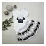 1-2-3 Yaş Payetli Mickey Nakışlı Kısa Kollu Brode Etekli 2li Kız Bebek Takımı Siyah