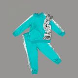 1-2-3 Yaş Payetli Pelüş Tavşan Desenli Likra Penye Kumaş Sweat Pantolonlu Kız 2li Çocuk Takımı - Mint Yeşili - 2 Yaş