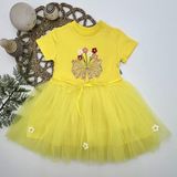 1-2-3 Yaş Tül Fiyonk Çiçekler Nakışlı Astarlı Kız Bebek Tütü Elbisesi Sarı - 1 Yaş